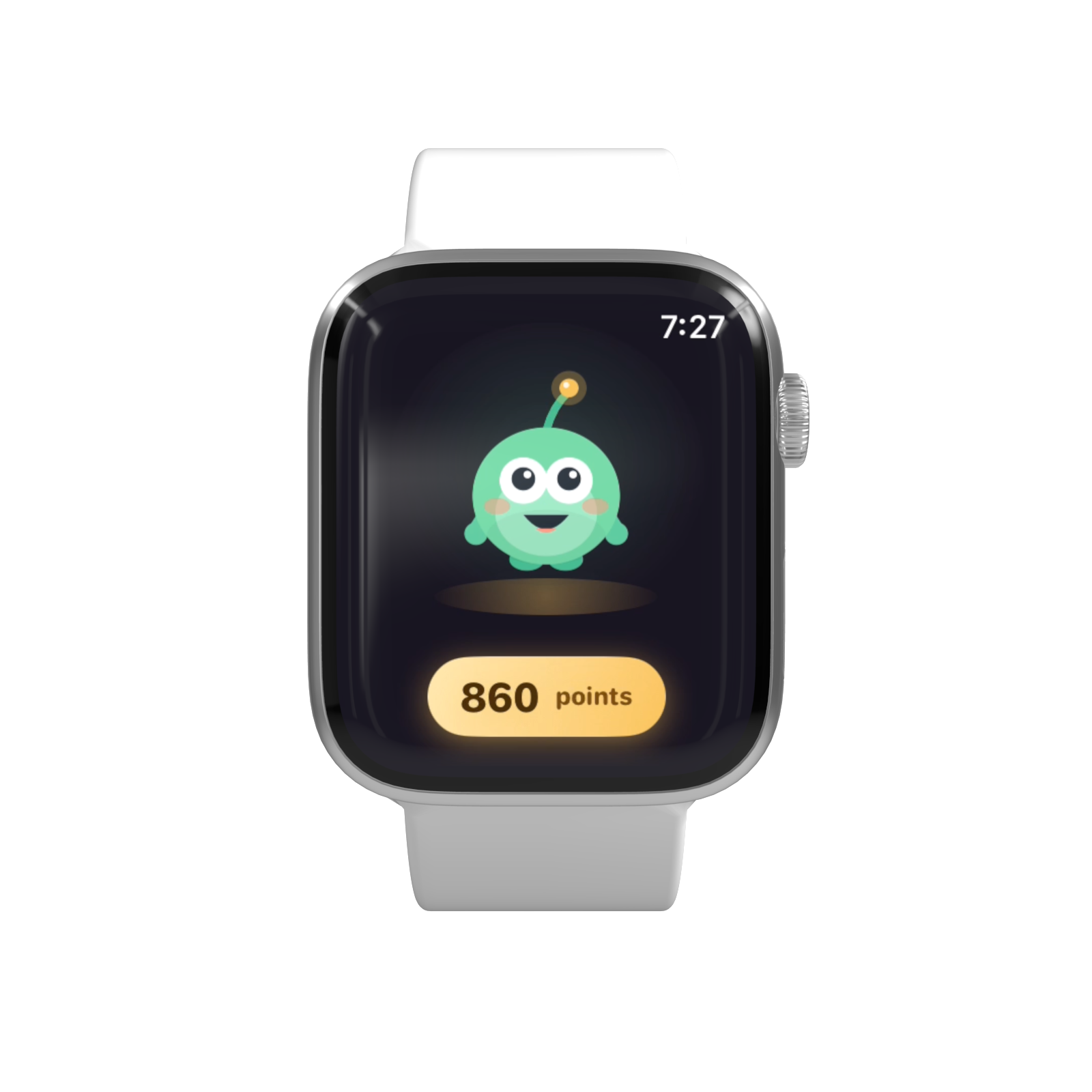 An Apple Watch running nudgee, showing the mascot and 860 points